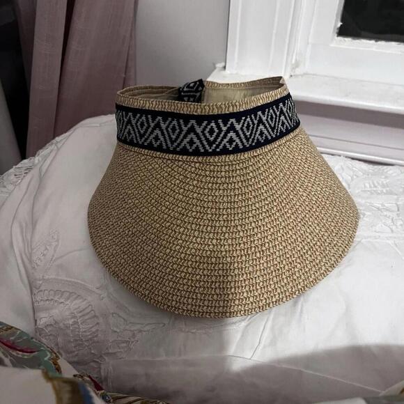 Sea & Grass Visor Hat Navy And White Diamond Pattern Ribbon Soft Paper Straw - Picture 1 of 9